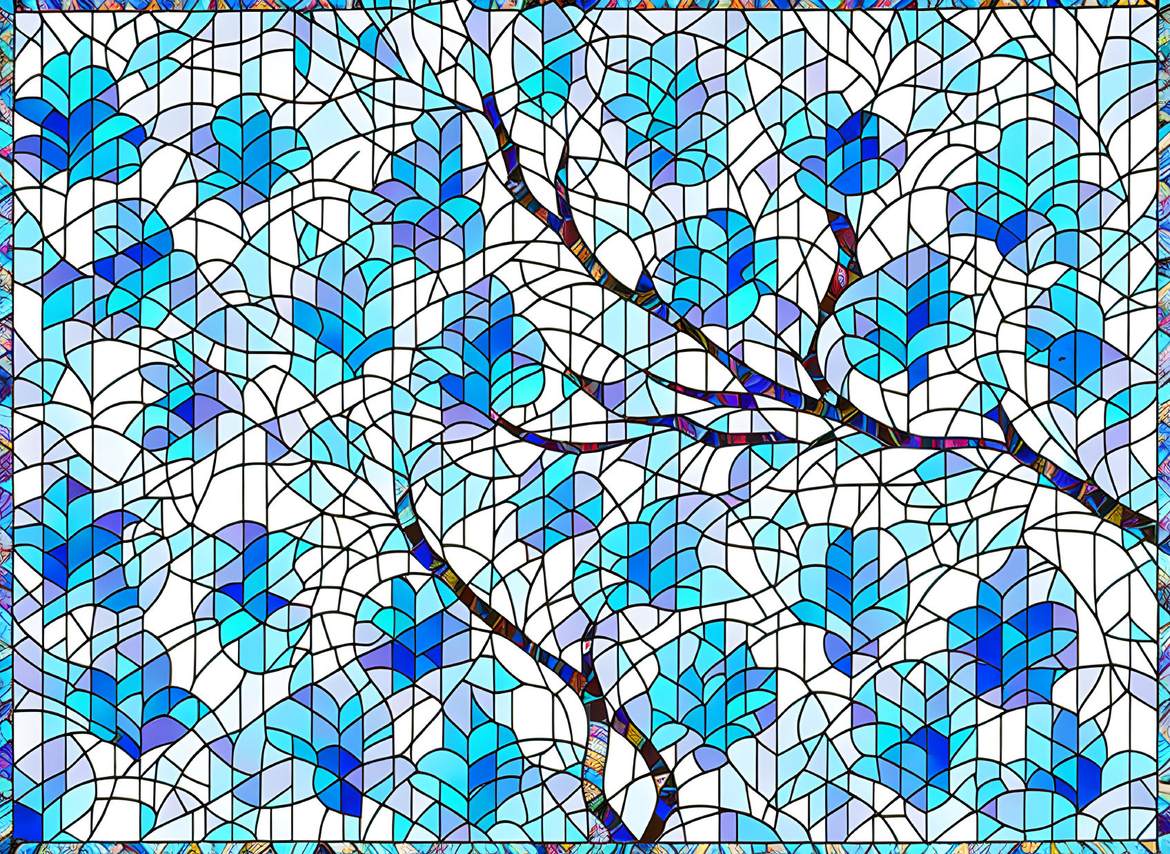 Vibrant stained glass style illustration of blue leaves and brown branches on light background