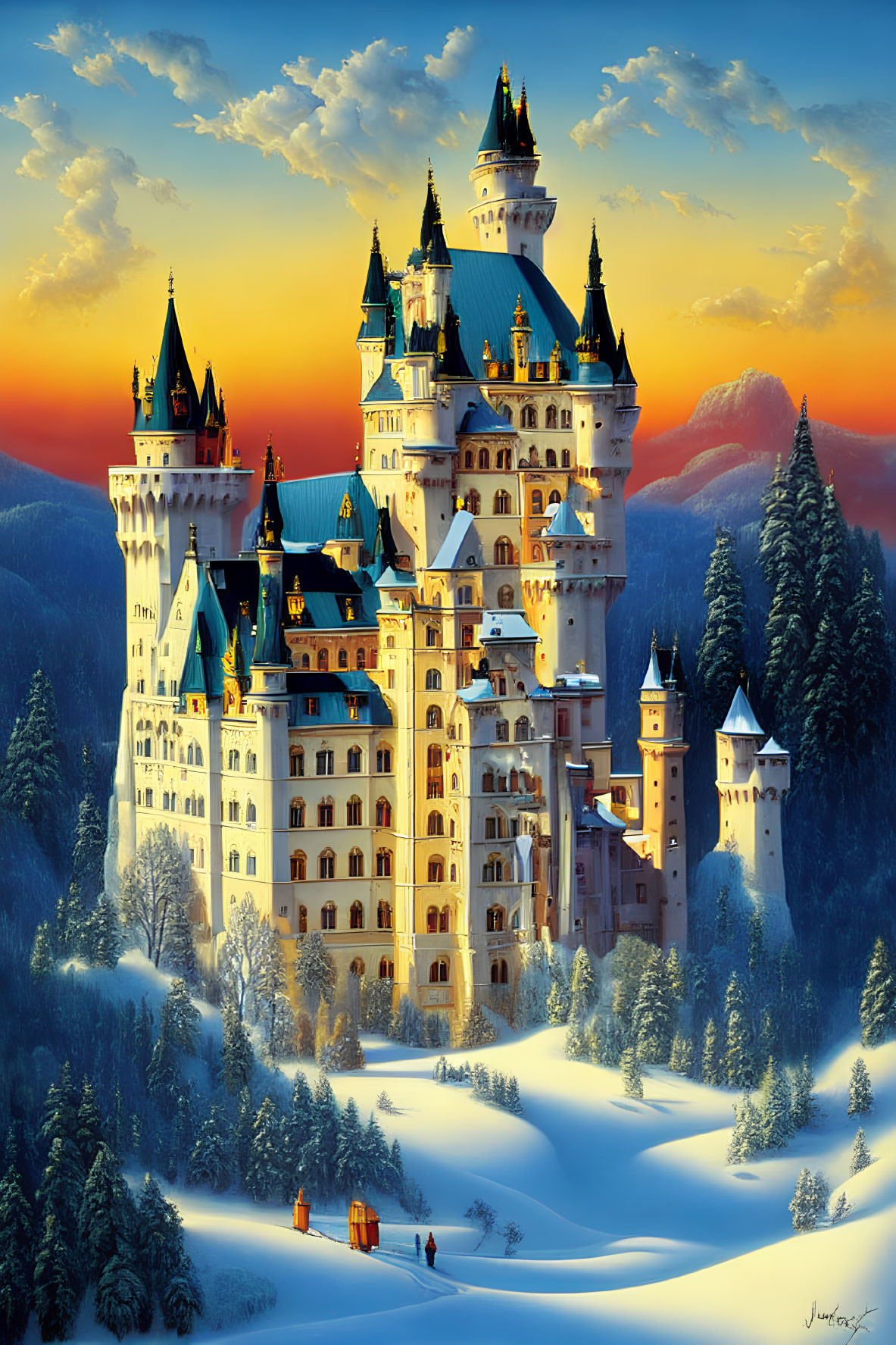 Snowy landscape with enchanting castle and vibrant sunset sky