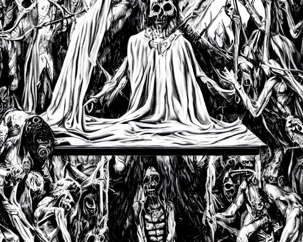 Dark surreal illustration: skeletal figures, macabre angels, tortured souls.