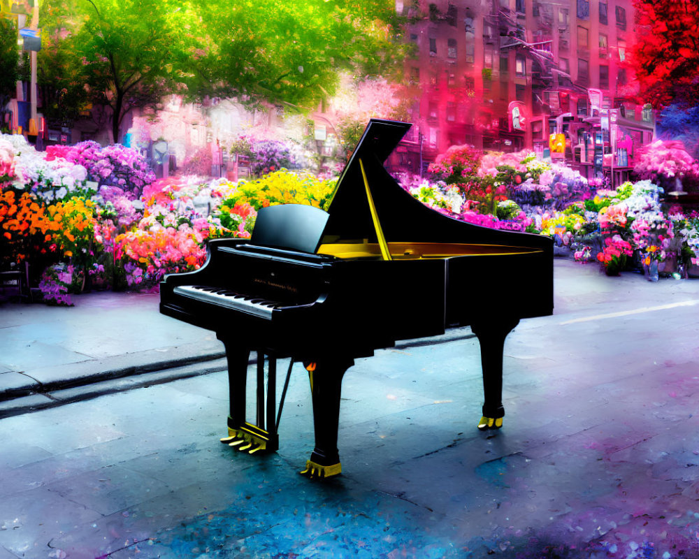 Colorful flowers surround black grand piano in urban setting