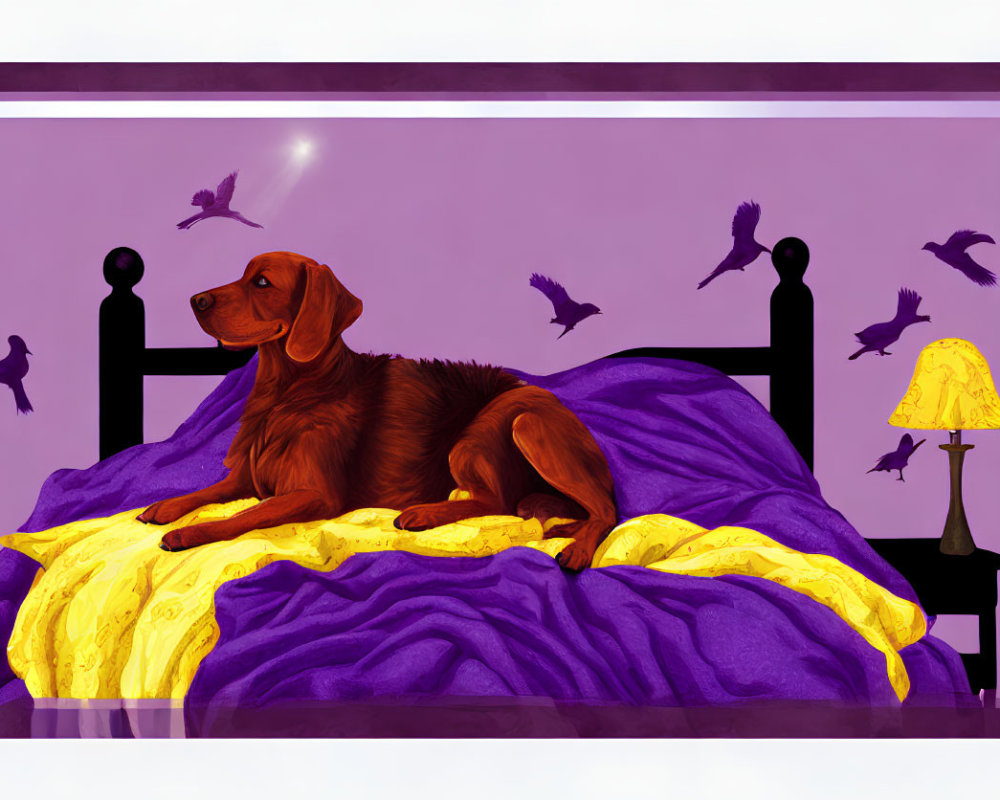 Brown dog on purple bed with yellow blankets, birds silhouetted against window