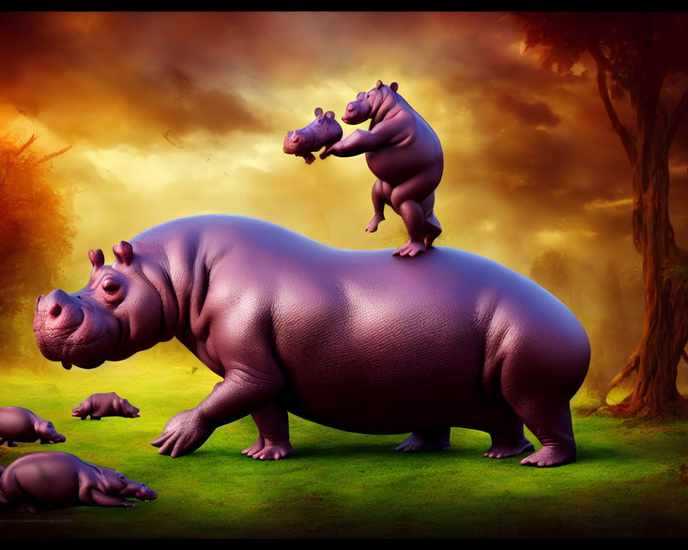 Surreal illustration: Large and small hippos in dreamlike landscape