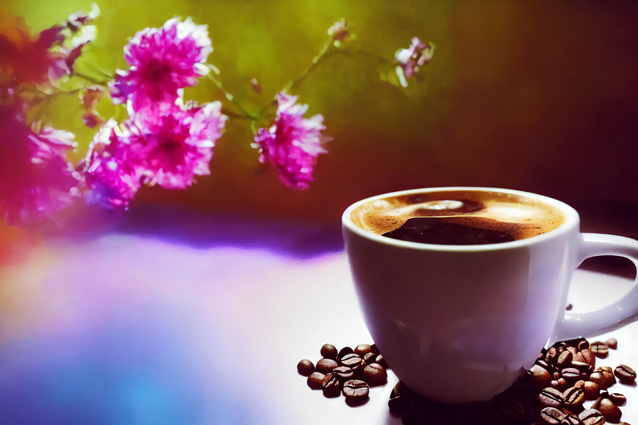 White Coffee Cup with Beans on Colorful Background and Pink Flowers