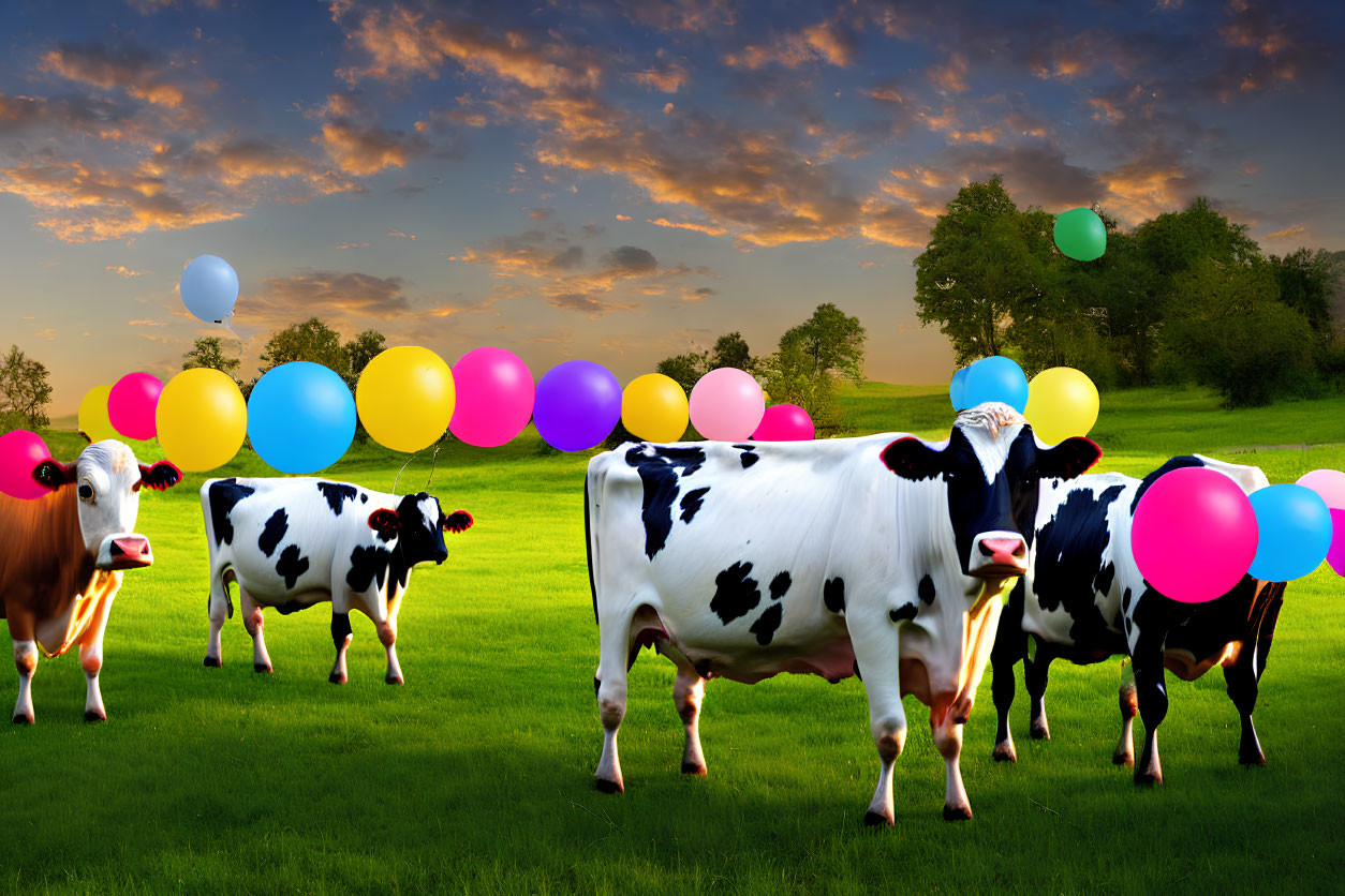 Cows in green field with colorful balloons at sunset