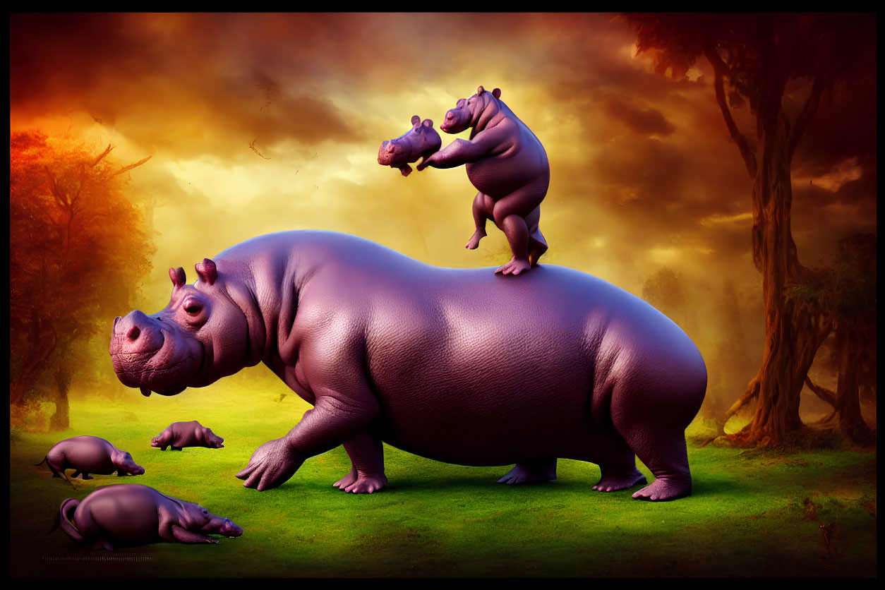 Surreal illustration: Large and small hippos in dreamlike landscape
