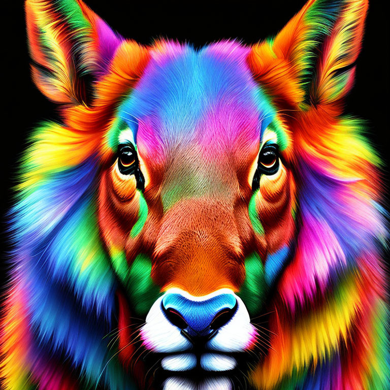 Colorful Lion Portrait Against Black Background