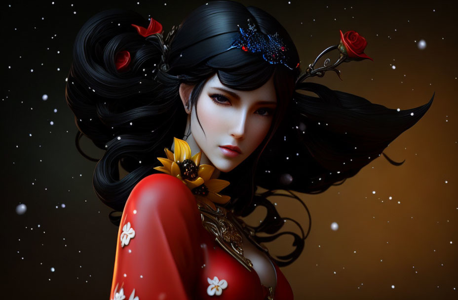 Animated female character with ornate hair accessories and red flowers on dark background.