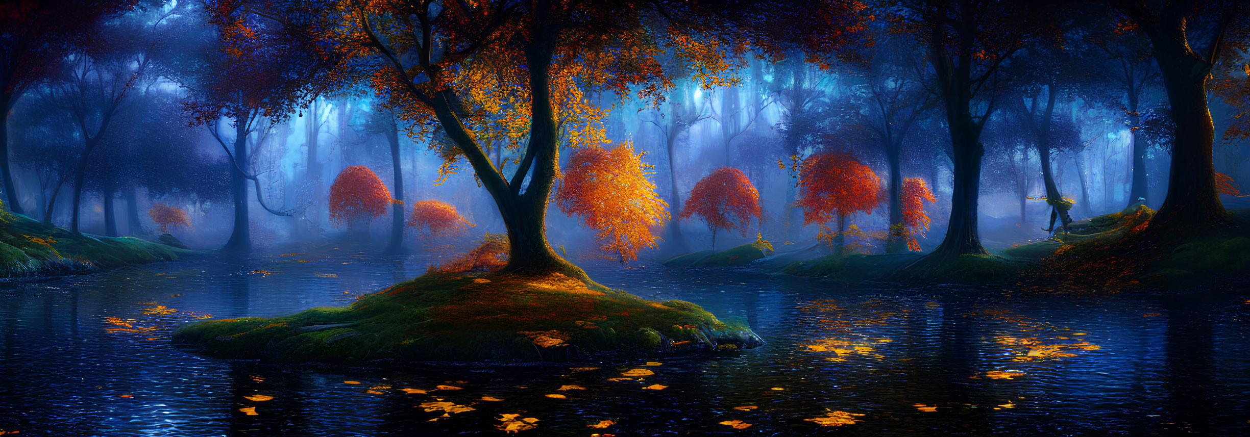 Vibrant Orange Trees in Mystical Autumn Forest on Island by River