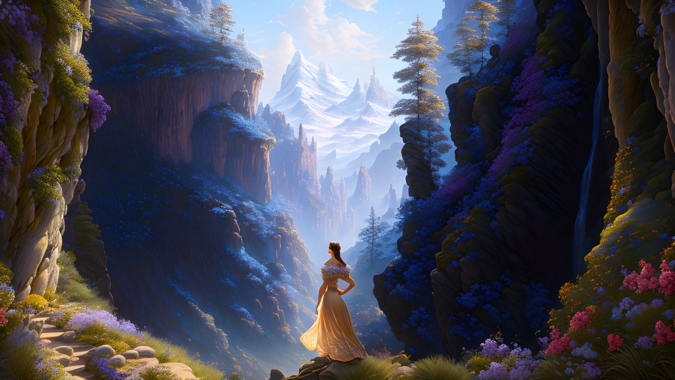 Woman in Yellow Dress Admiring Majestic Mountain Landscape