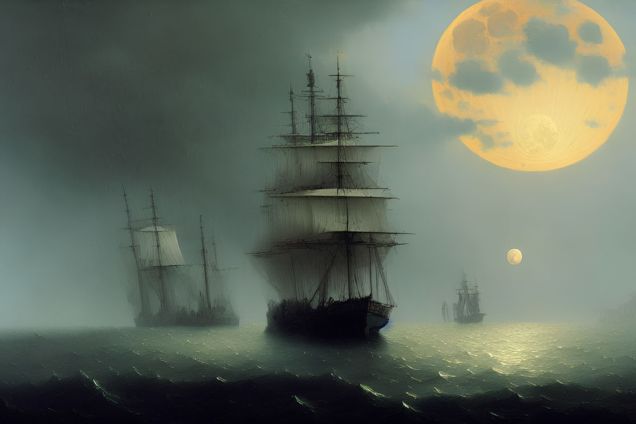 Historic sailing ships on misty sea under dual moons