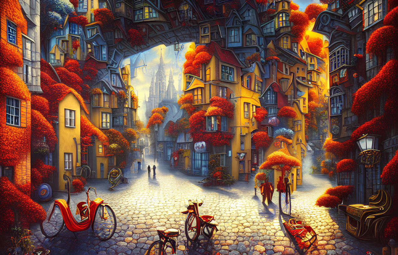 European town square with autumn foliage and surreal cityscape