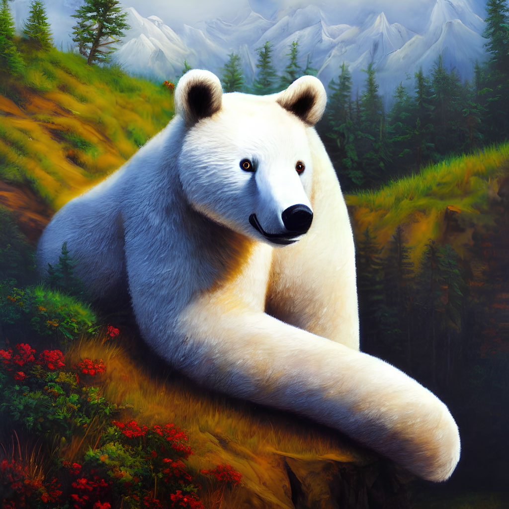 Serene white bear in colorful wilderness with mountains and red flowers