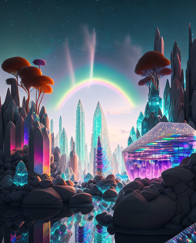Colorful fantasy landscape with luminescent trees, crystals, water, and rainbow