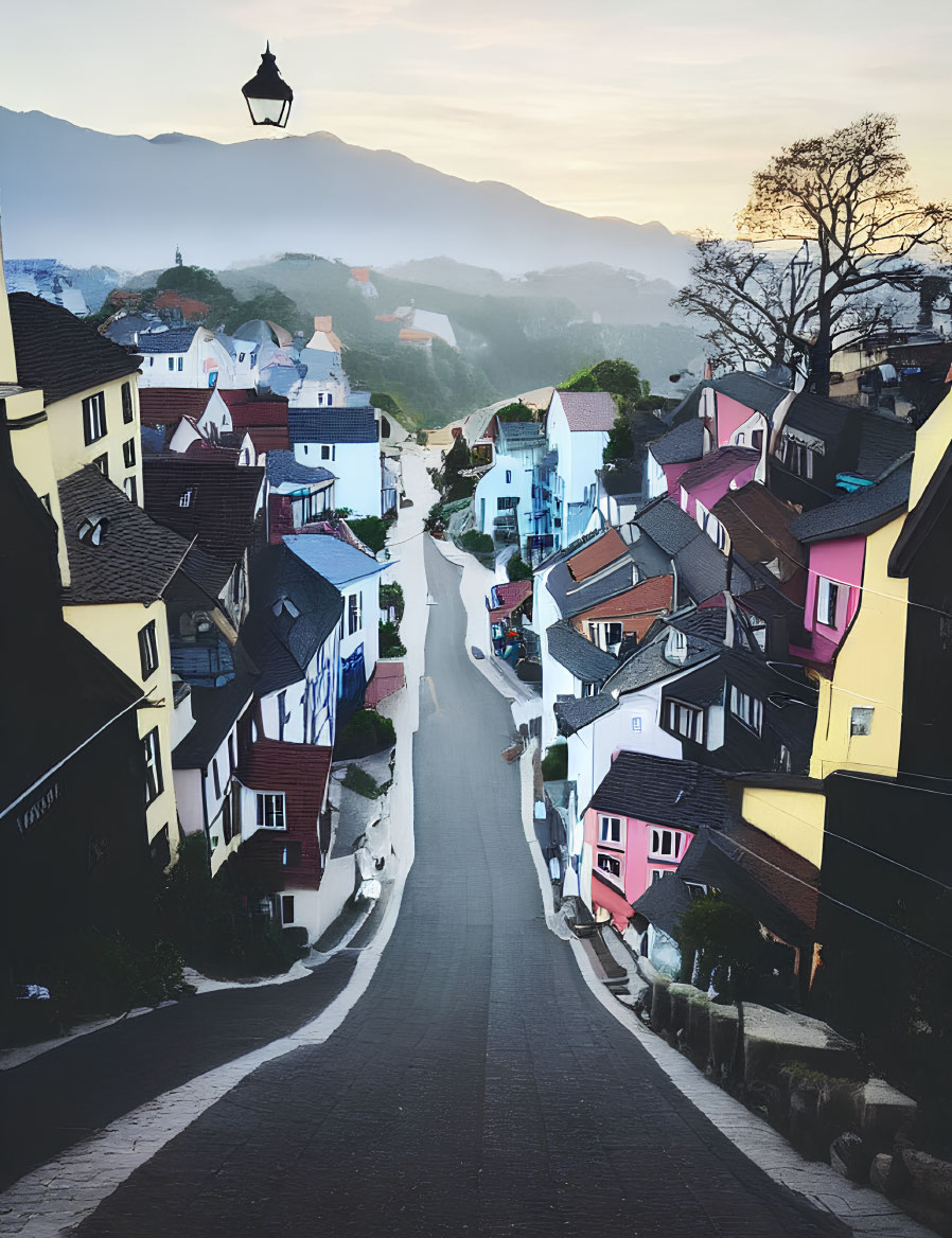 Colorful European-style houses on picturesque street with misty mountains in background