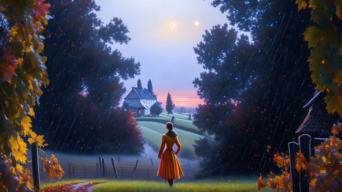 Woman in Orange Dress Standing Among Autumn Trees with Two Moons in Twilight Sky