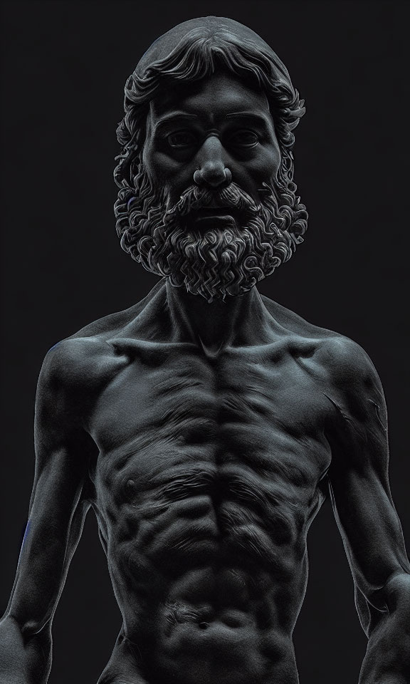 Monochrome sculpted figure with detailed muscles and beard on black background
