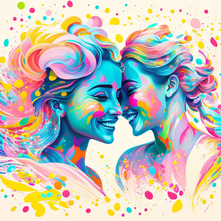 Vibrant profile of two women with colorful paint splashes