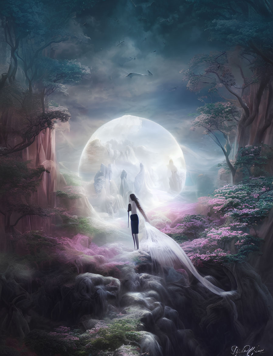 Person standing before mystical oversized moon in ethereal forest with blooming flowers under twilight sky