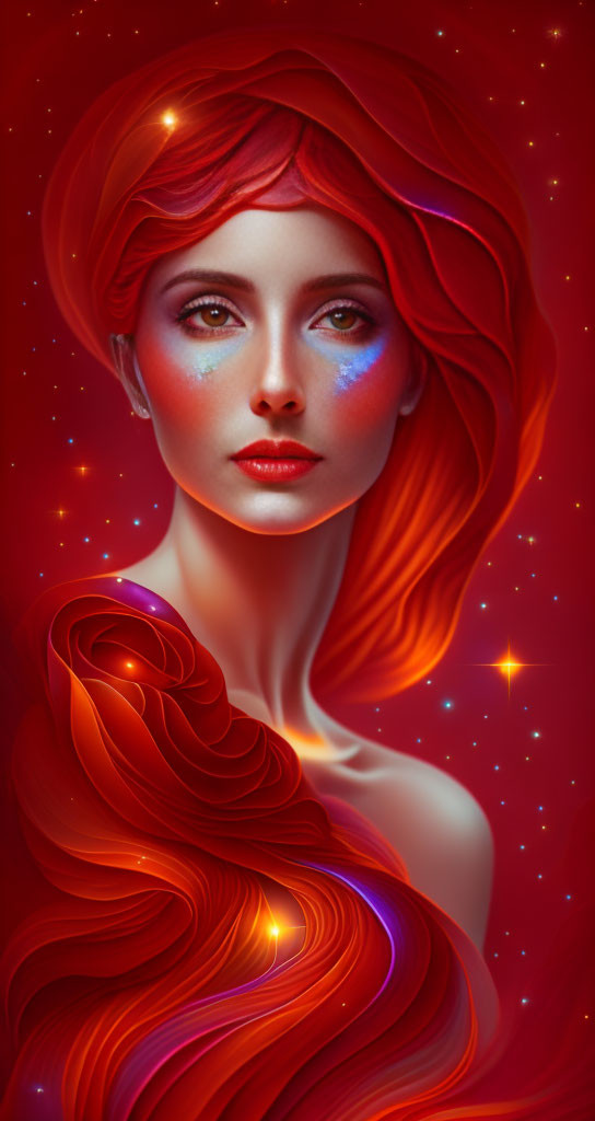 Vibrant red hair and blue makeup in digital portrait