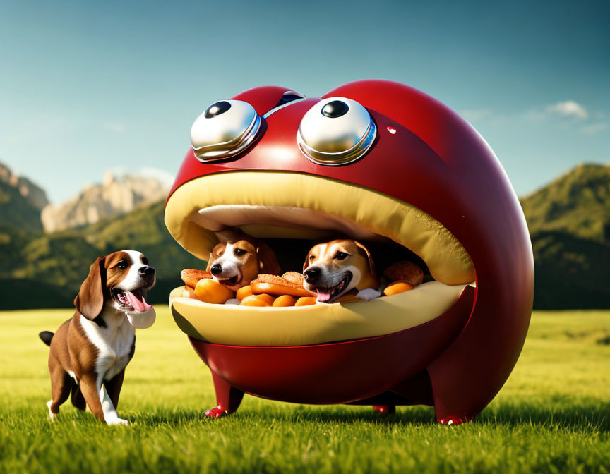 Two Beagles with Oversized Smiling Hot Dog Bun in Sunny Meadow