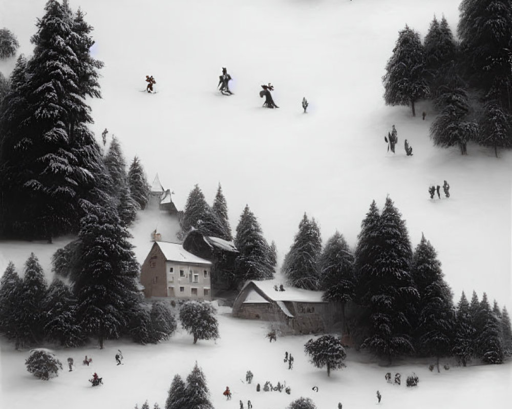 Snow-covered winter village with skiers in monochrome scene