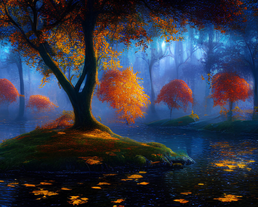 Vibrant Orange Trees in Mystical Autumn Forest on Island by River