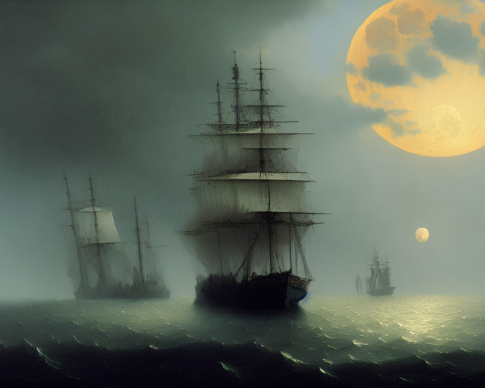 Historic sailing ships on misty sea under dual moons