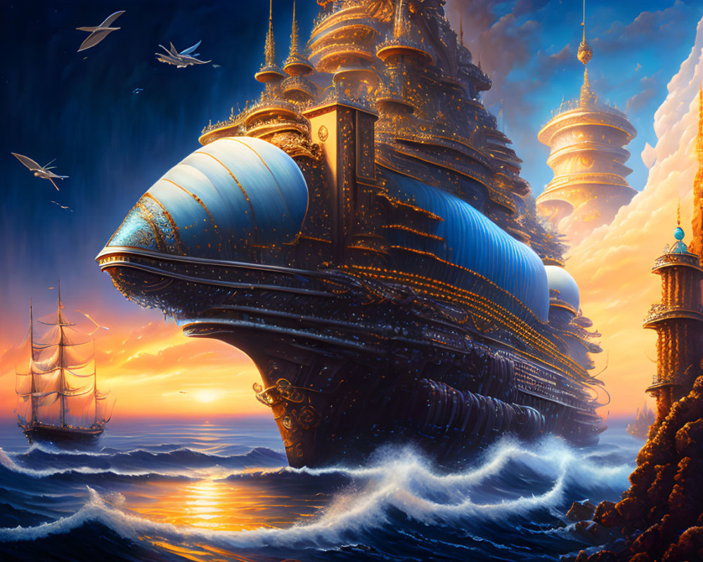 Steampunk airship sailing in sunset sky over turbulent seas