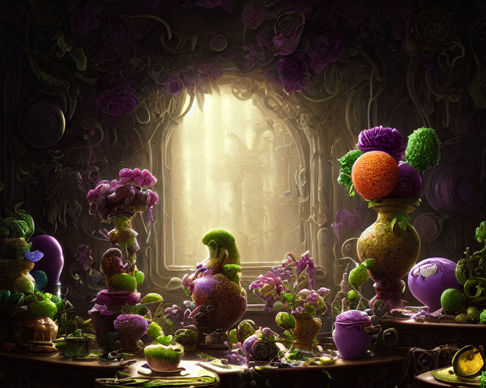 Vegetable-themed room with creatures and objects under warm light, adorned with floral patterns