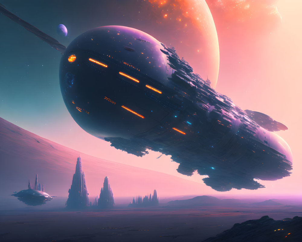 Futuristic spaceship landing on alien desert with pink sky & celestial bodies