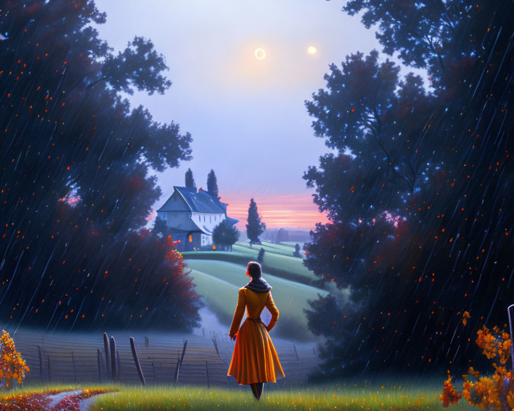 Woman in Orange Dress Standing Among Autumn Trees with Two Moons in Twilight Sky