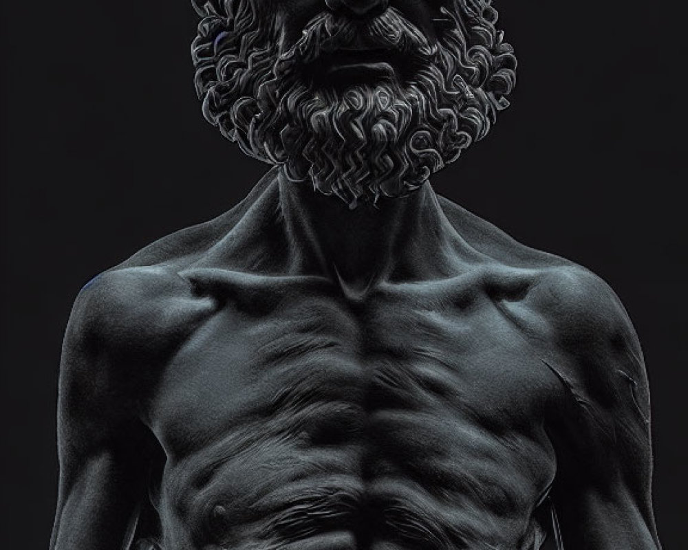 Monochrome sculpted figure with detailed muscles and beard on black background