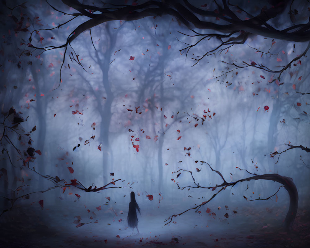 Silhouetted Figure in Misty Twilight Forest with Falling Red Leaves