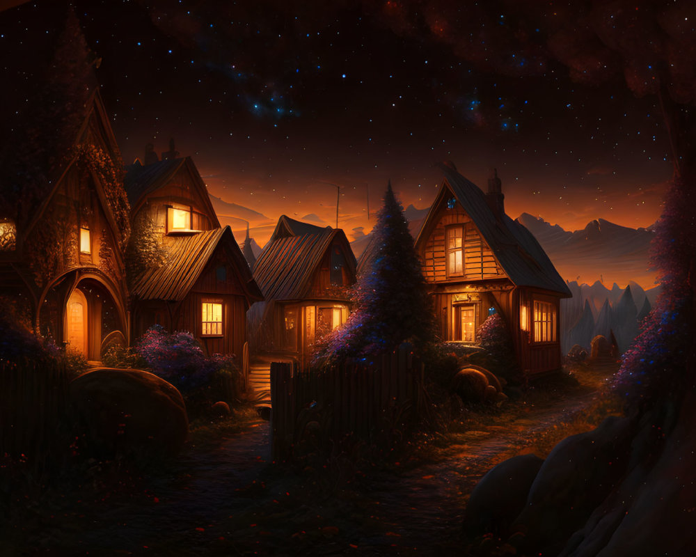 Cozy houses illuminated under starry night sky among trees