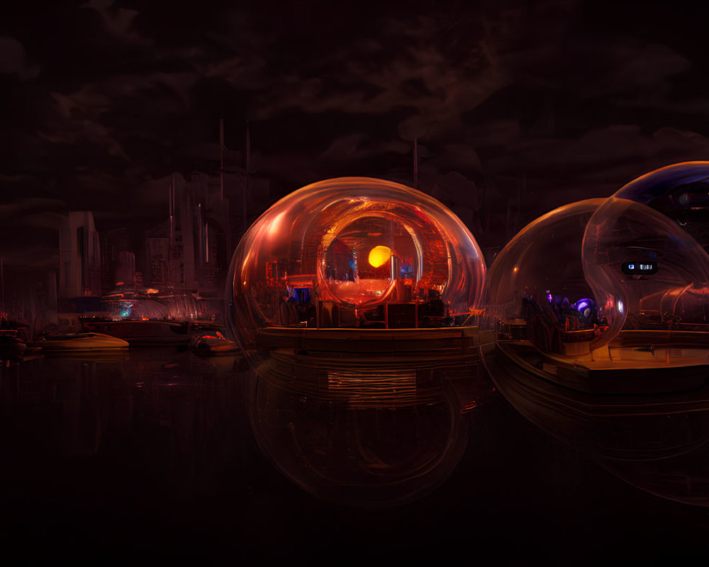 Futuristic cityscape at night with glowing domes and neon lights