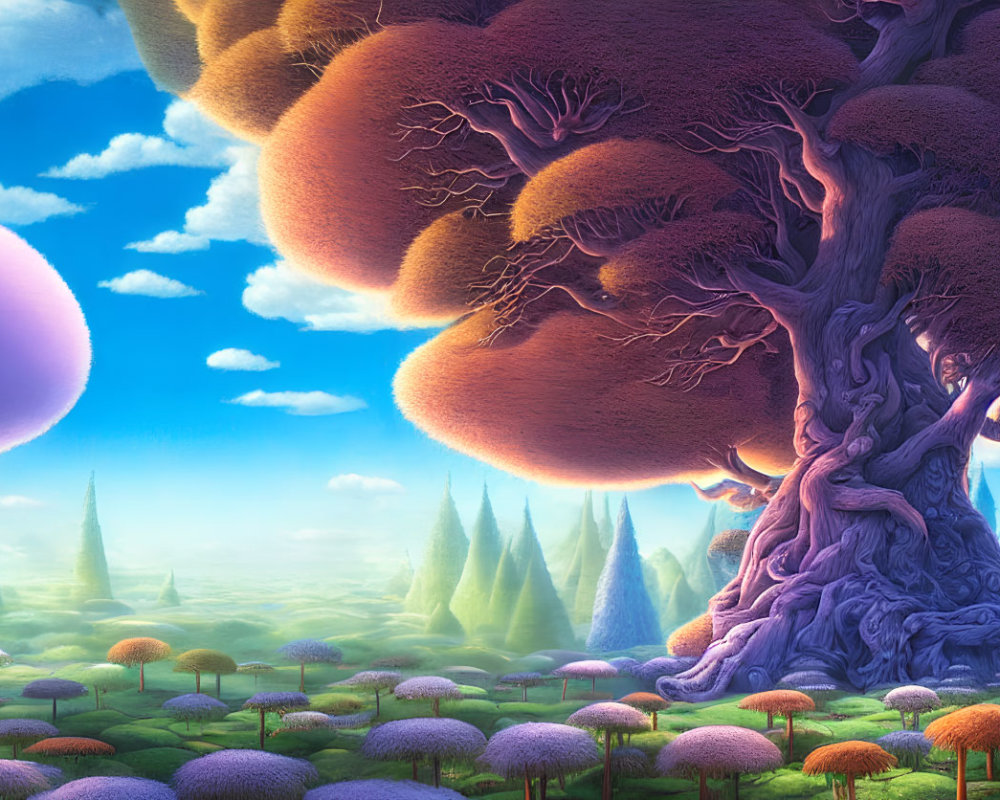Whimsical landscape with massive purple tree and glowing orbs