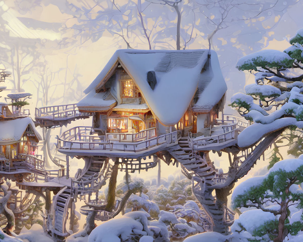 Snow-covered treehouse in serene winter forest at dusk