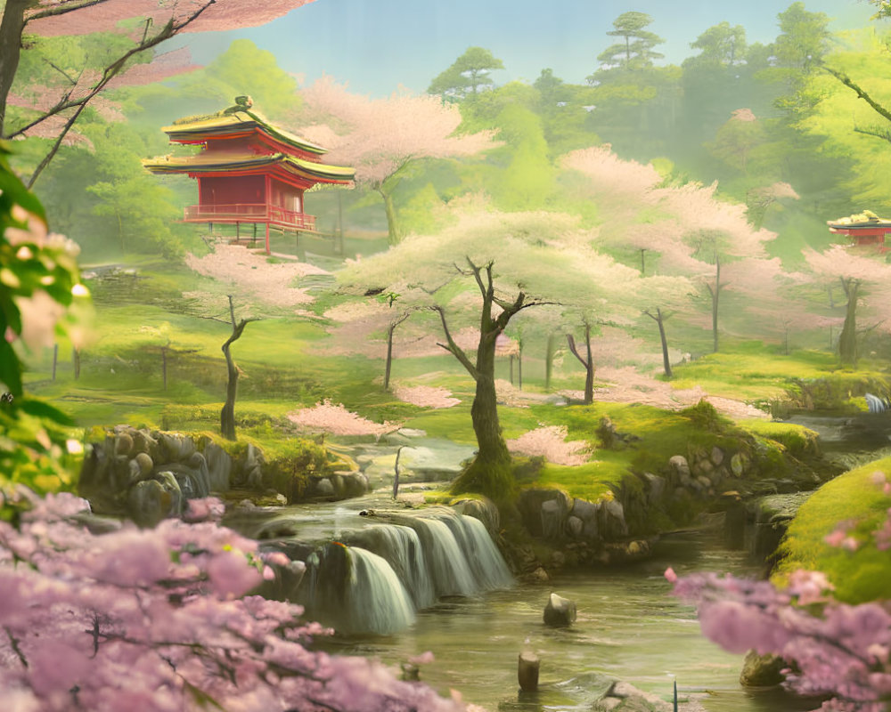Tranquil Cherry Blossom Landscape with Pagodas
