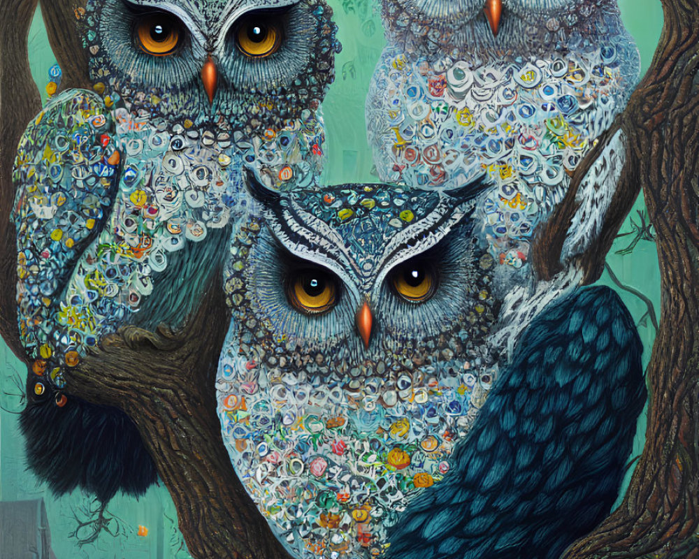 Three patterned owls with orange eyes on tree branch with house below