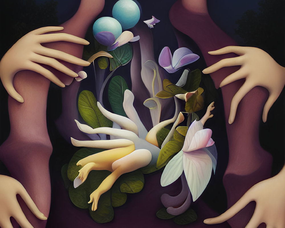 Surreal portrait: Faceless figure with golden eyes, surrounded by hands, flowers, planets,