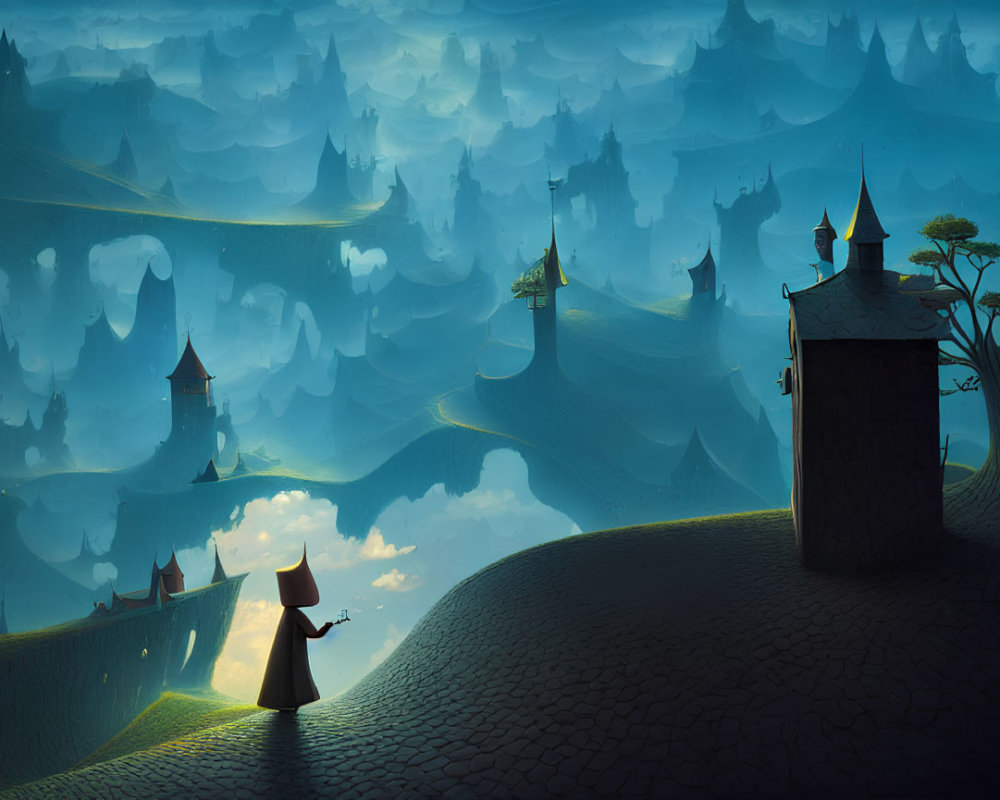 Mystical landscape with cloaked figure and towering spires
