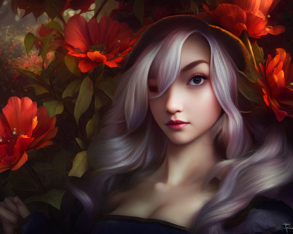 Digital Portrait of Woman with Silver Hair and Purple Eyes Among Red Flowers