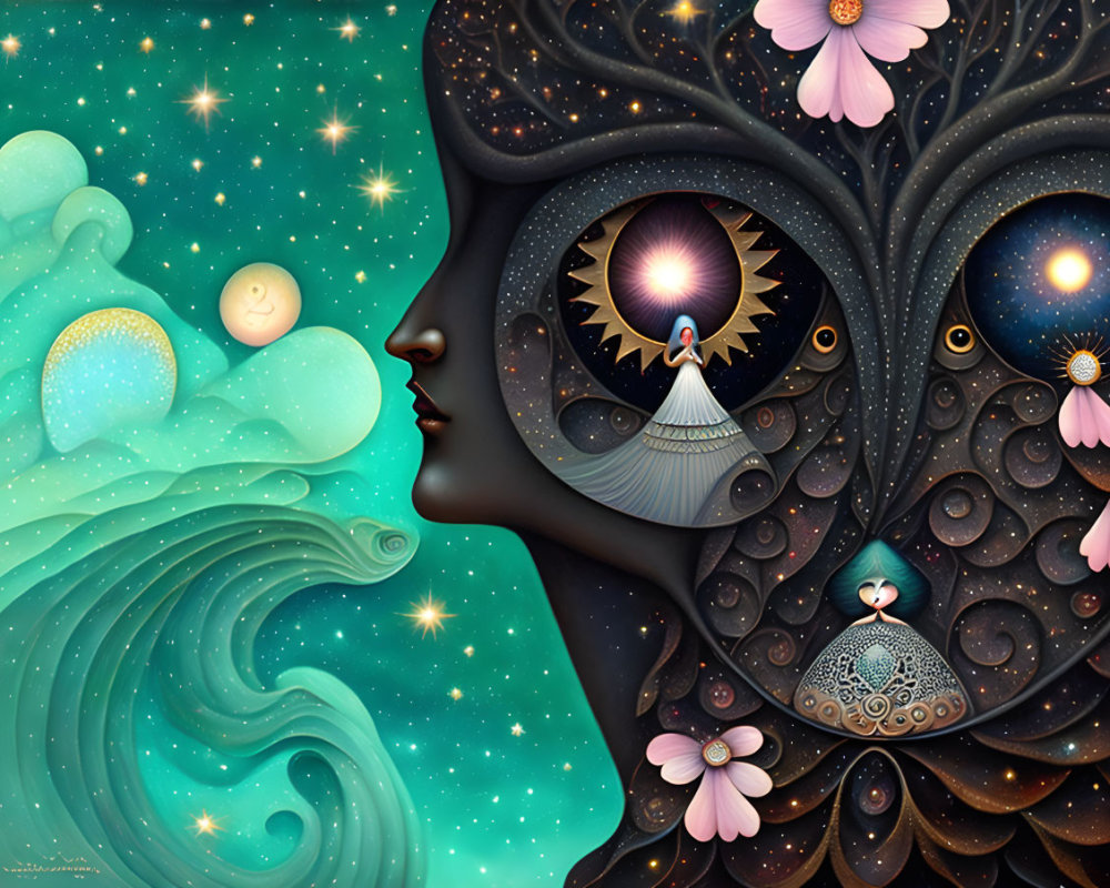 Surreal illustration of woman's face merging with cosmic scene