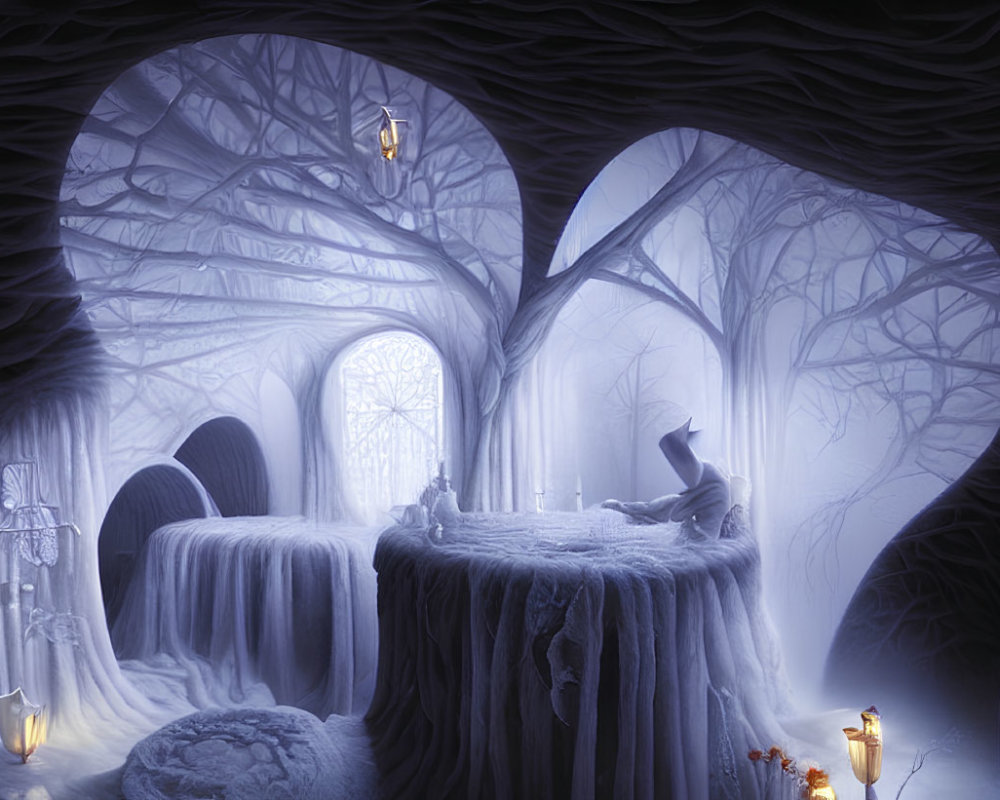 Blue-toned forest scene with heart-shaped arches and cloaked figure at table for two in icy
