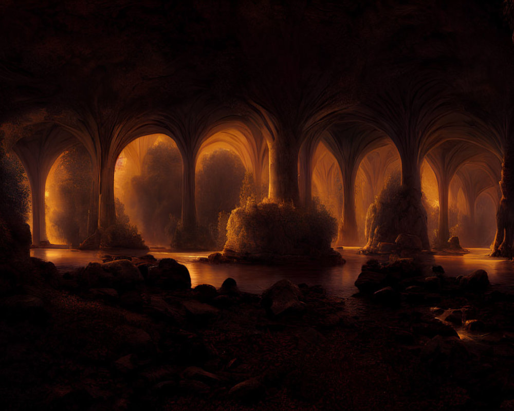 Mystical illuminated arches over serene underground water body
