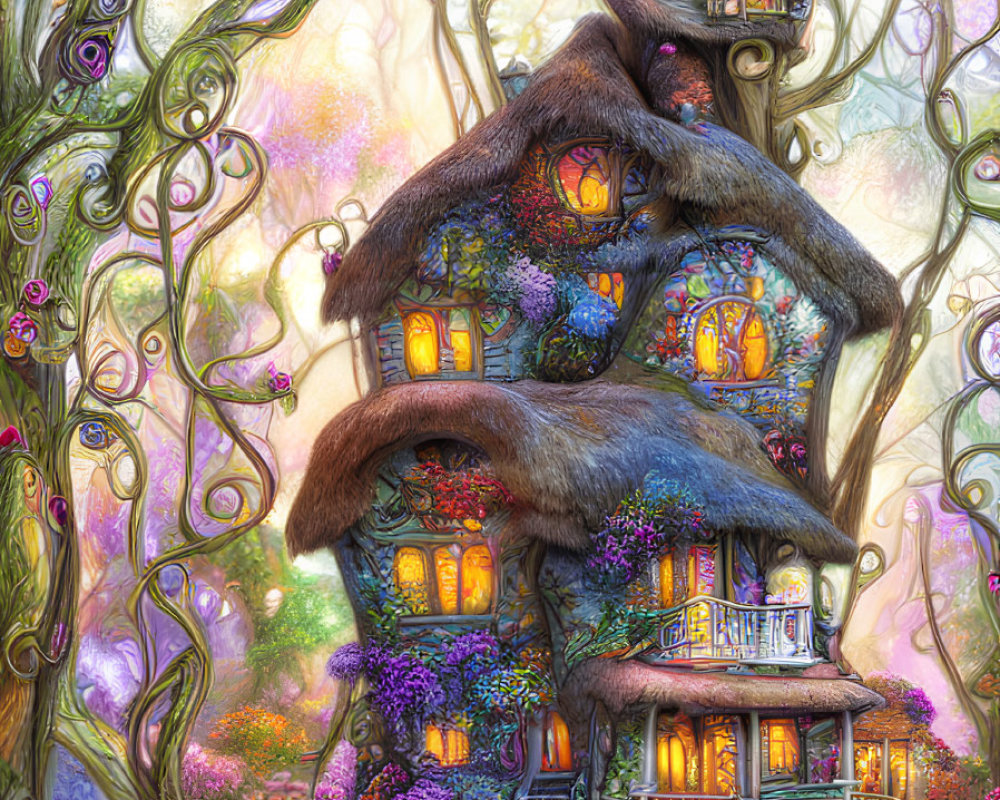 Colorful Fairytale Cottage with Glowing Windows and Vibrant Garden