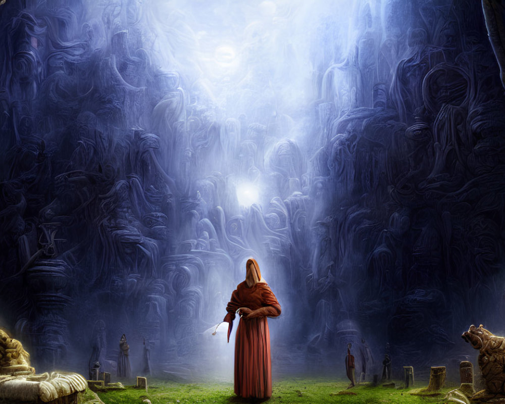 Mystical cave with lone figure in red cloak
