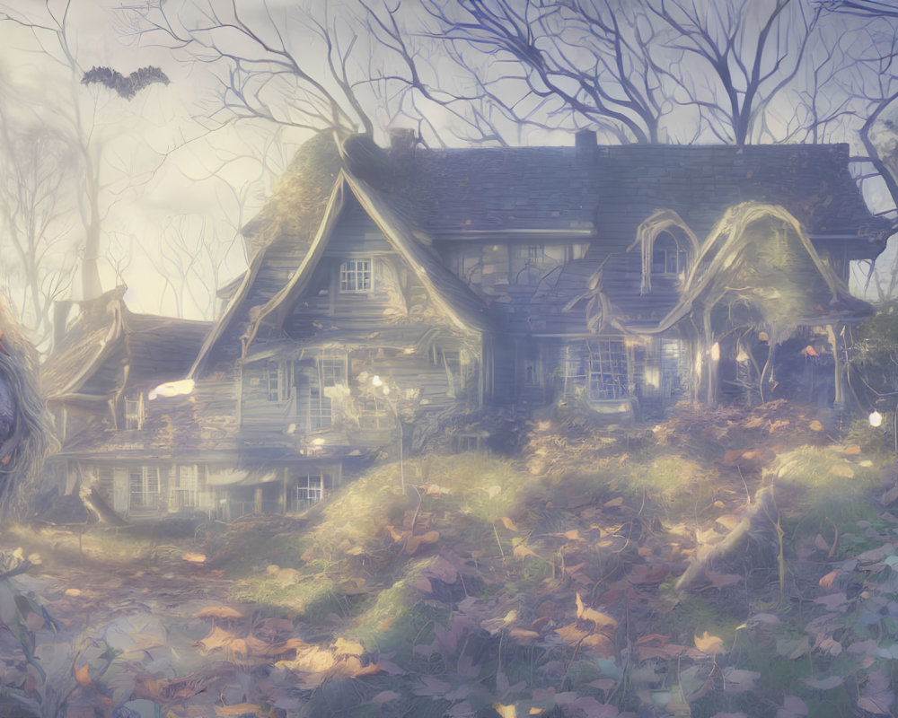 Ethereal foggy autumn scene with old house and fallen leaves