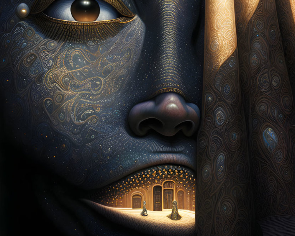 Detailed surreal face illustration with golden eye and ornate patterns.