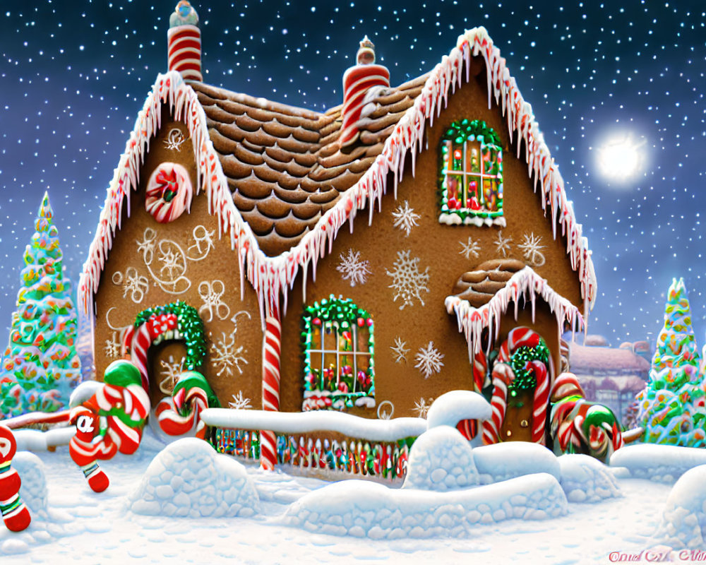Whimsical Gingerbread House with Candies in Snowy Scene